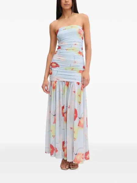 Rochie maxi Bardot cu model floral cu imagine albastru