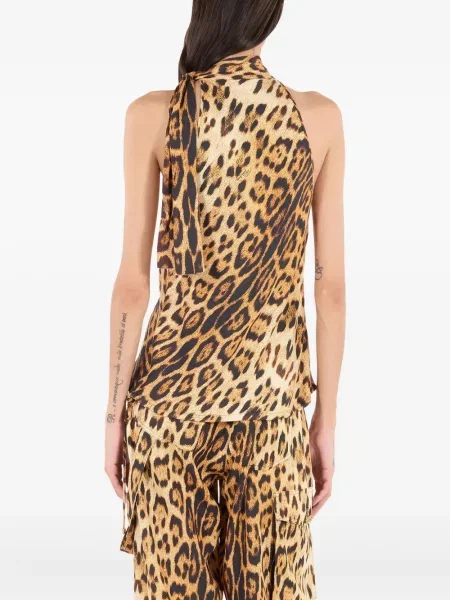 Top Roberto Cavalli cu imagine cu model leopard cu gât halter maro