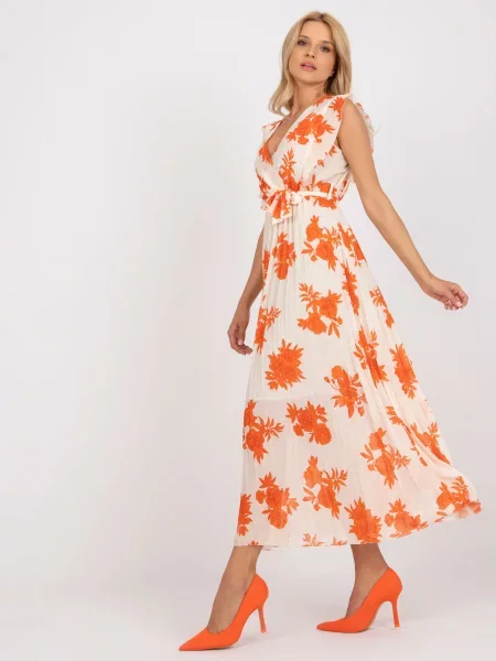 Plisované dlhé maxi šaty Fashionhunters s potlačou oranžová