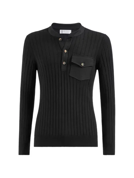 Pulover Brunello Cucinelli de mătase cu buzunare la piept cu guler henley negru