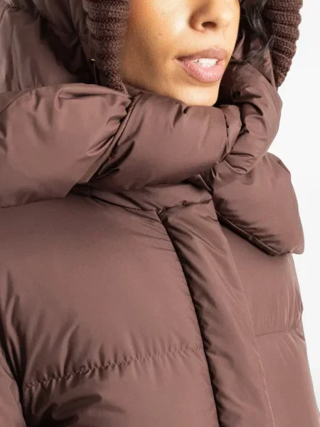 Lung geacă cu puf Moncler cu glugă maro