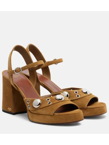 Sandale Valentino Garavani din piele de căprioară cu platformă cu tepi bej