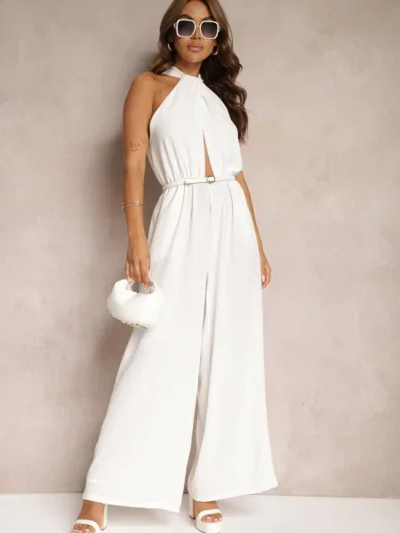 Taliowany Kombinezon ze Ściągaczem w Talii i Wiązaniem przy Szyi Rivasiris biały