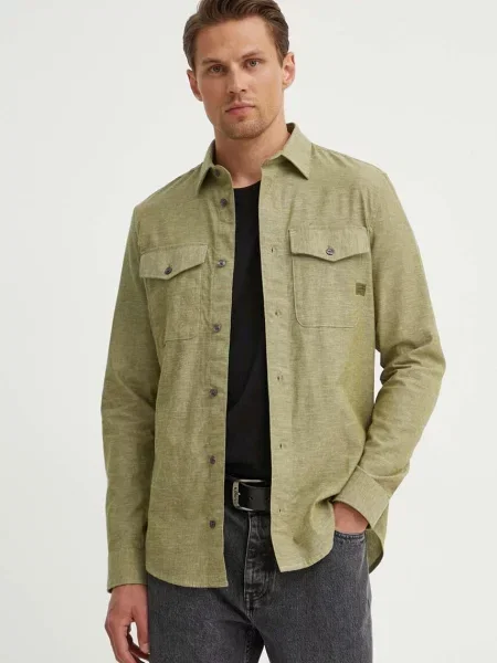 Риза с лен G-Star Raw с кройка по тялото с класическа яка зелено