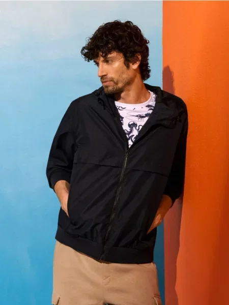 Sinsay Kurtka techniczna z kapturem i ściągaczami granatowy