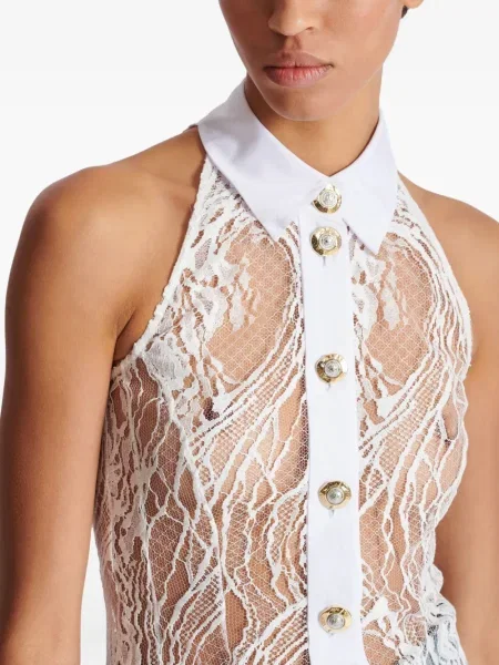 Top Balmain din dantelă cu gât halter alb