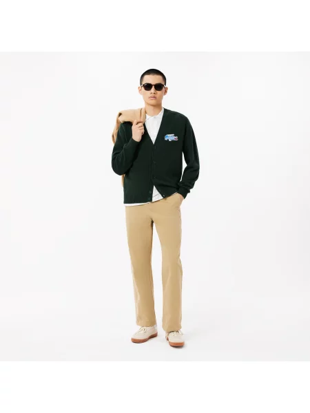 Lacoste Wełniany Kardigan Z Dekoltem V Classic Fit Ciemnozielony zielony