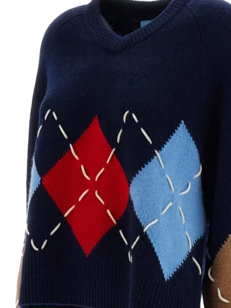 Pulover Arch4 cu decolteu în V cu model argyle albastru