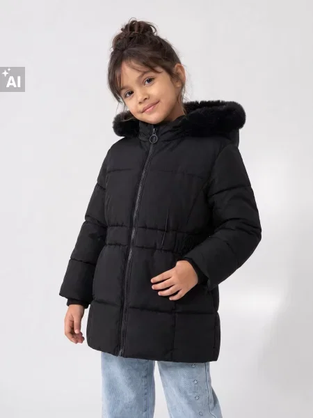 Sinsay Prošívaná puffer bunda s kapucí a kožešinou černá