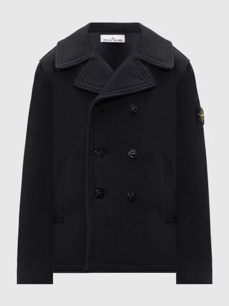 Темно-синє двобортне пальто з вовни та кашеміру Stone Island синє