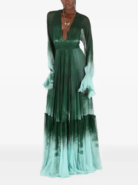 Rochie Roberto Cavalli de mătase cu volane de costum verde