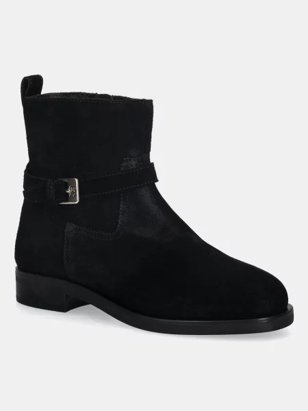 Σουέτ μπότες Tommy Hilfiger TH BUCKLE RIDING SUEDE BOOTIE γυναικείες μαύρο