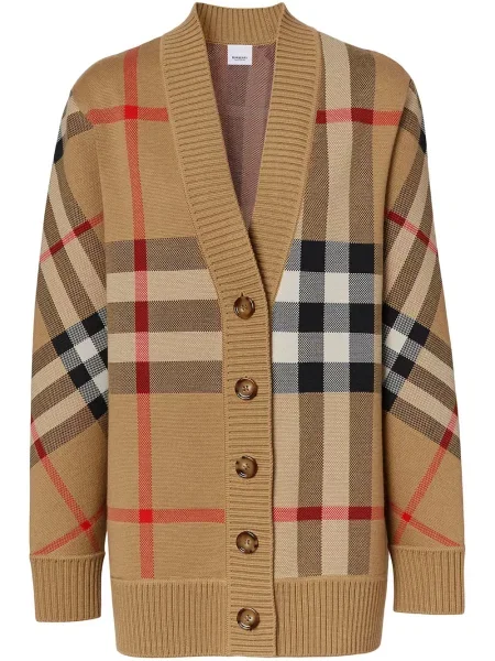 Kostkovaný retro kardigan Burberry s výstřihem do v hnědý
