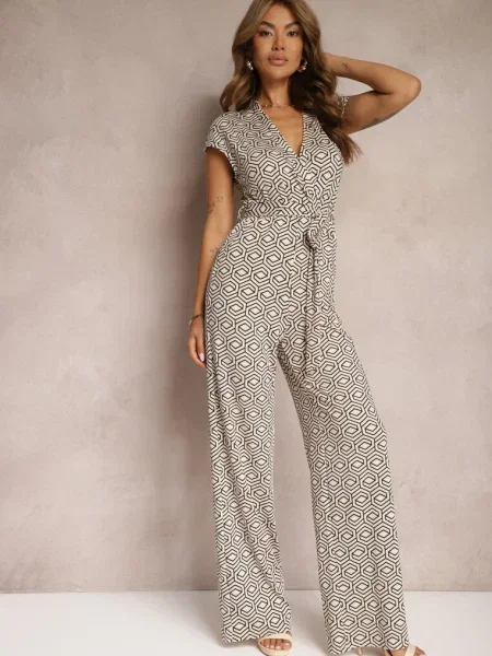 Bej-Negru Salopetă cu Adaos de cu Legare în Talie în Model Geometric Trosofia negru