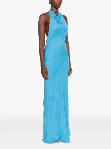 Rochie maxi Staud cu mărgele cu gât halter albastru