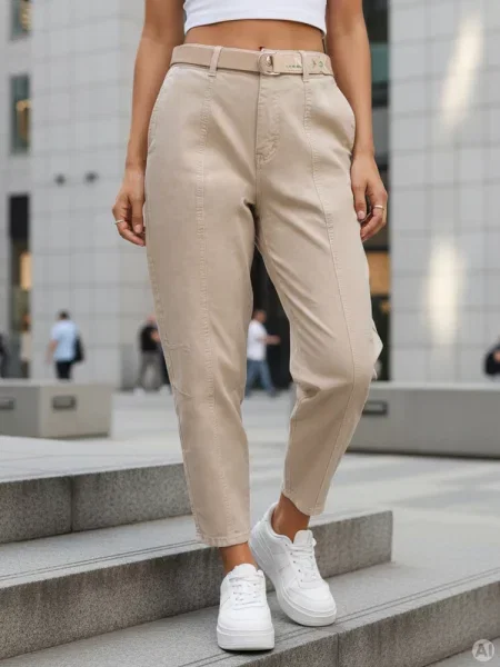 Jeansy z wysokim stanem mom fit z paskiem Dstreet beżowe