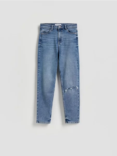 Reserved Jeansy mom fit z rozcięciem niebieski