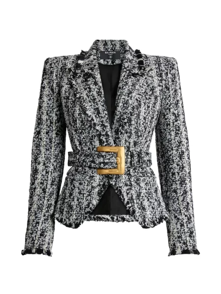 Cu centură geacă Balmain din tweed negru