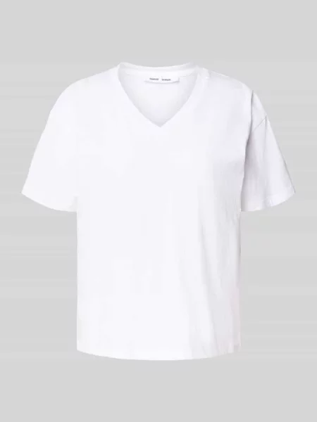 T-shirt z prążkowanym dekoltem w serek model ‘SAELI’ Samsoe Samsoe biała