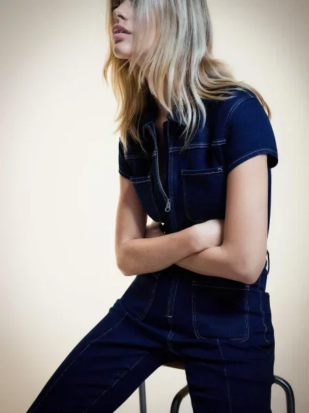 Bershka Długi Kombinezon Jeansowy Kobieta M granatowy