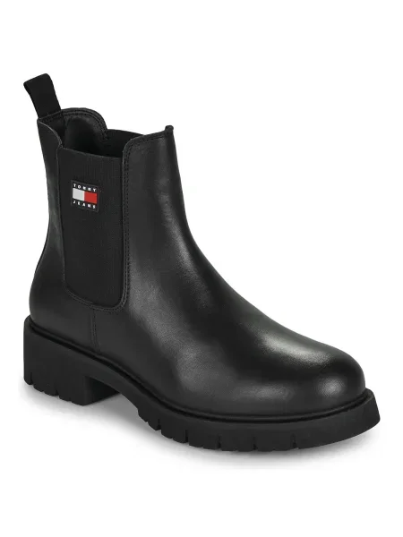 Tommy Jeans cizme TJW CHELSEA LEATHER BOOT cu plat negru