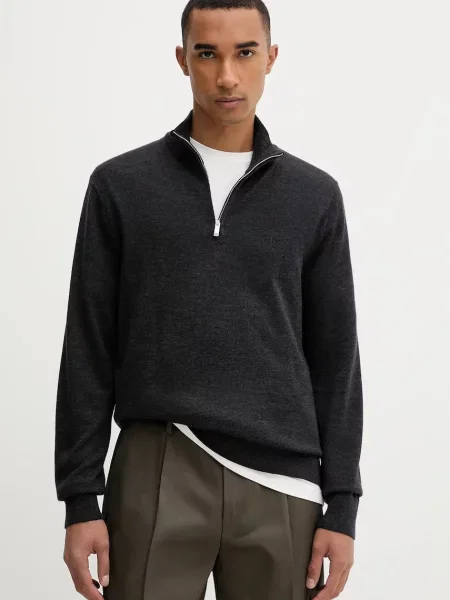 Calvin Klein sweter wełniany lekki z półgolfem szary