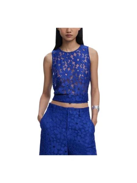 Bluzka Desigual bez rękawów koronkowa niebieska