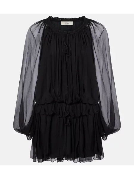 Rochie Chloé de mătase cu volane drapată negru