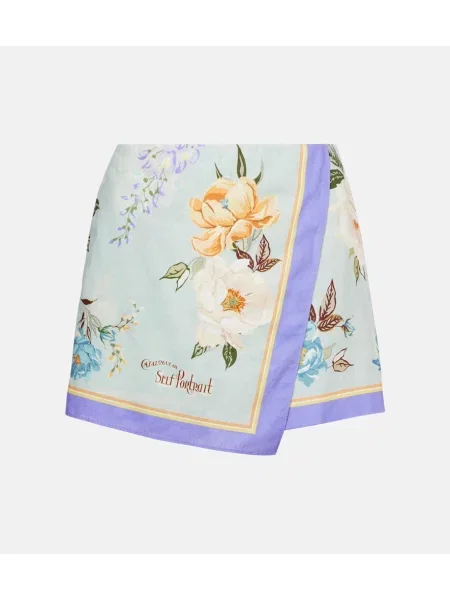 Pantaloni scurți Self-portrait de in cu model floral albastru