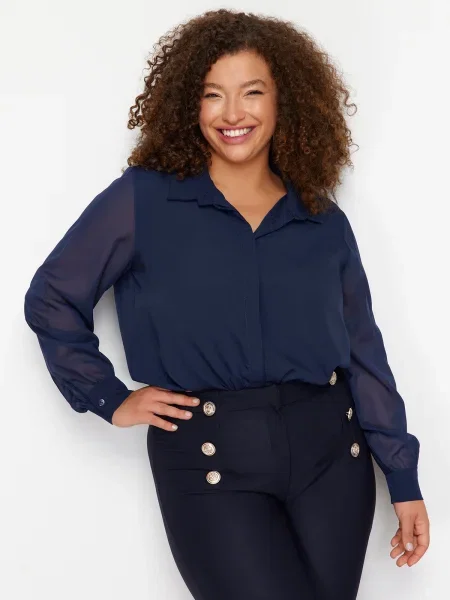 Cămașă cu mânecă lungă Trendyol din șifon cu mâneci lungi albastru