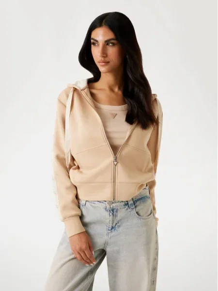 Класически суичър с качулка Guess с качулка с апликация бежово