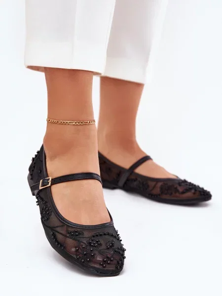 Balerinke Boto z vezenjem z mrežo črna