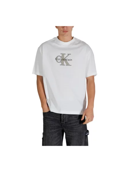 Calvin Klein Jeans t-shirt beżowy z aplikacją biała