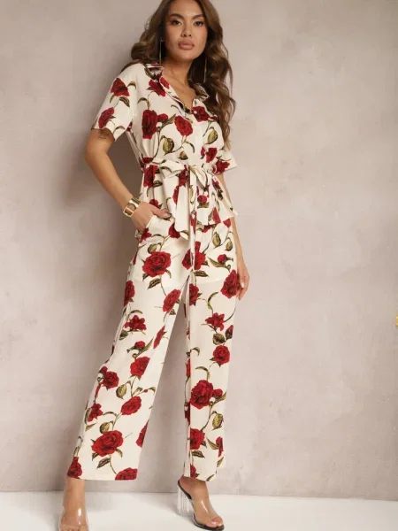 Bej-Burgundy Pantaloni Largi Imprimeu Floral cu Rodie bej