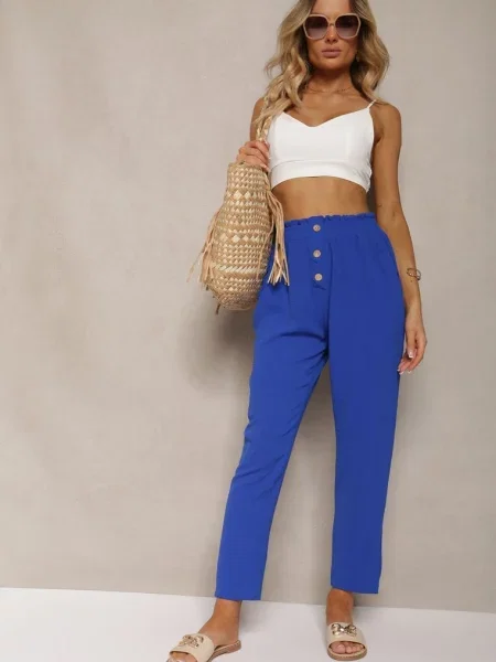 Spodnie Typu Paper Bag High Waist z Gumką w Talii Salvavia granatowe