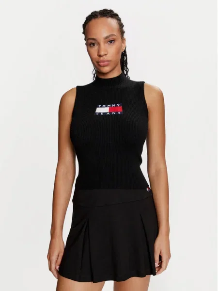 Tommy Jeans Bluză cu gât Center Flag negru