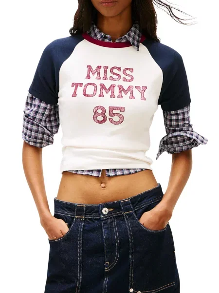 Tommy Jeans Tricou bleumarin / roşu închis / alb bej
