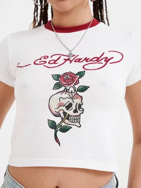 Ed Hardy Tričko Totenkopf Rose zelená / červená biela