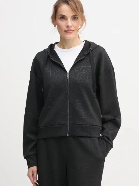 Dkny bluză KNIT JACKET cu glugă cu imprimeu negru