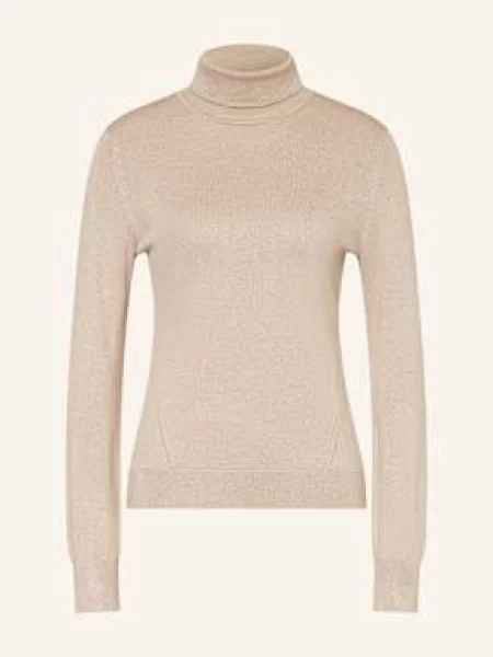 Sweter z golfem o kroju slim fit z prążkowanymi wykończeniami Comma beżowy