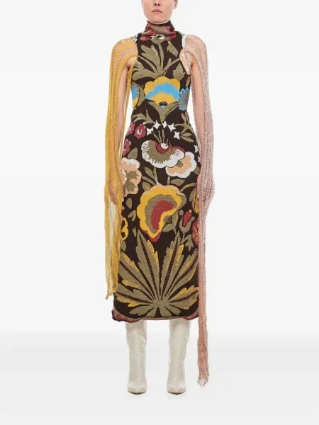 Květinové pletené oblekové šaty Vitelli hnědé