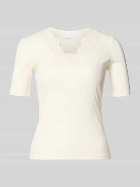 T-shirt w prążkowaniu z obszyciem koronką Jake*s Collection biała