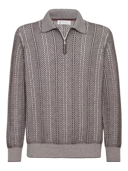 Polo Brunello Cucinelli cu model herringbone maro