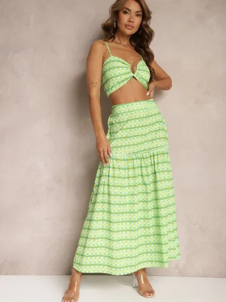 Set din 2 Piese cu Fustă Clopot cu în Talie și Top Scurt Janai verde