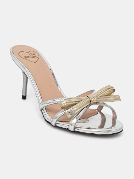 Papuci tip mules Love Moschino cu funde argintiu
