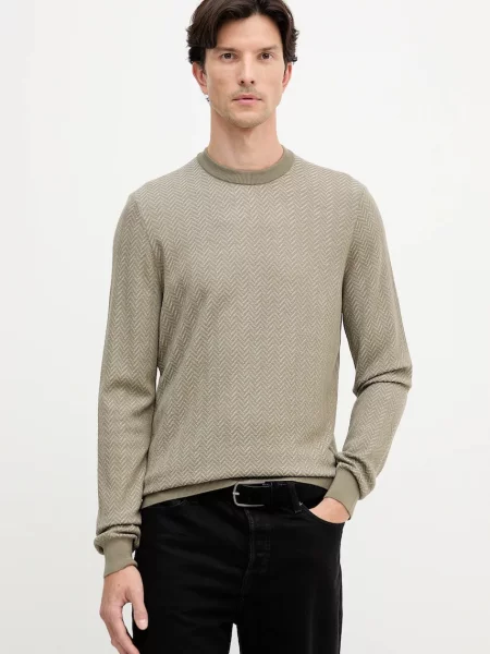 BOSS sweter z dodatkiem wełny zielony lekki beżowy