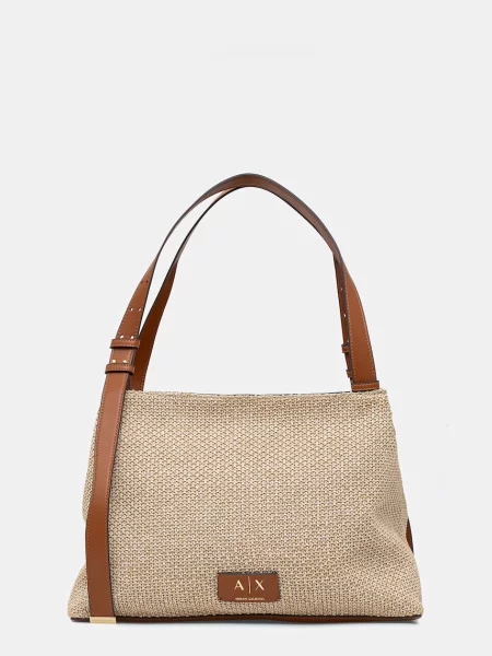 Lniana shopperka Armani Exchange pleciona beżowa