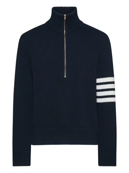 Pulover Thom Browne cu dungi de jumătate de fermoar albastru