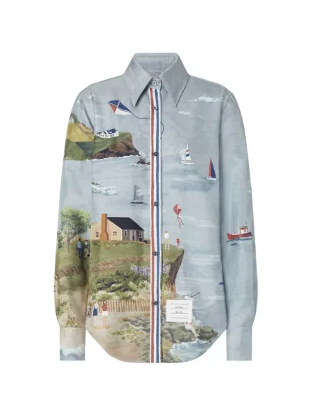 Cămașă Thom Browne de mătase cu imagine albastru