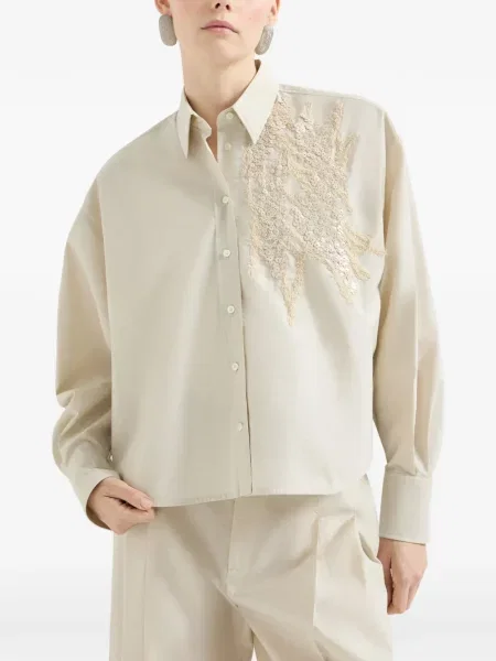 Cămașă Brunello Cucinelli cu broderie din poplin alb